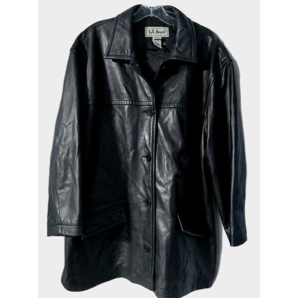 Women’s LL Bean Nappa Lambskin Leather Black Coat Size Petite XL Button Up - Picture 1 of 9